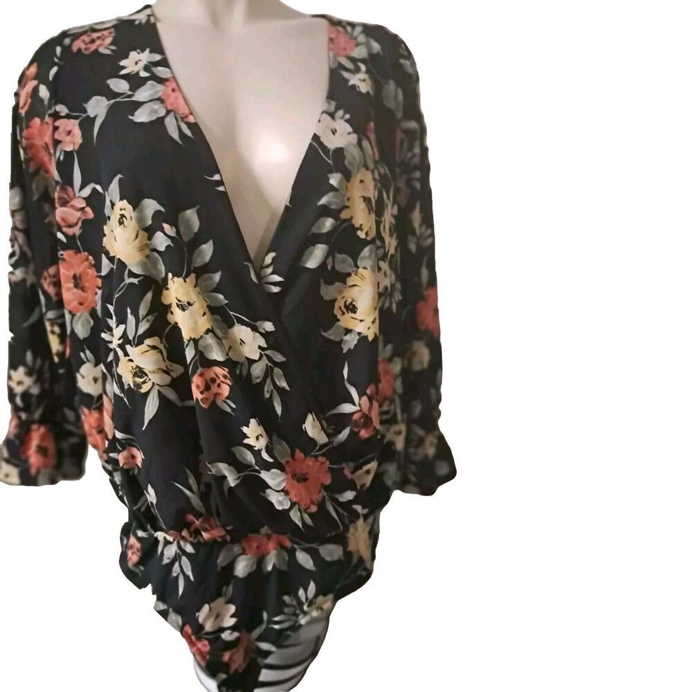 Ember Womens Floral Bodysuit Size Xl Long Sleeve V-Neck
